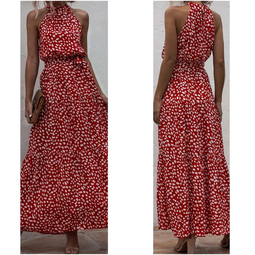Boho Leopard Print High Waisted Halter Maxi Dress - Picture 2 of 7